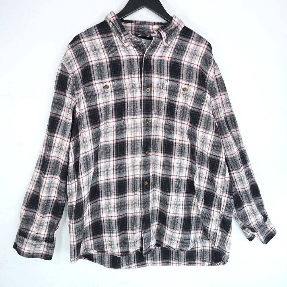 Carhartt Relaxed Fit Flannel Plaid Long Sleeve Shirt Size XL Gray Black